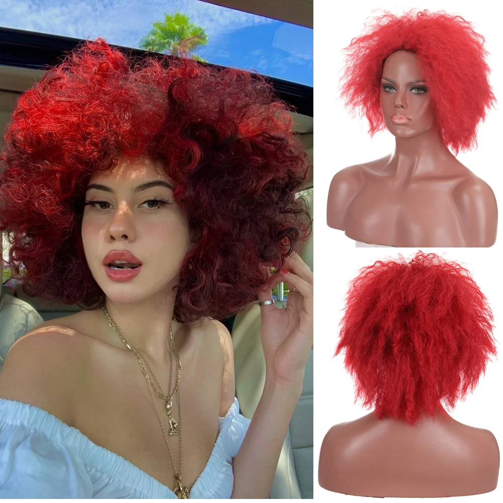 N C  Synthetic Hair Screw Head Cover Wig 30CM Red Bang Head Wig Fluffy Small Curly Wig Easy Care Daily Wear African Curls