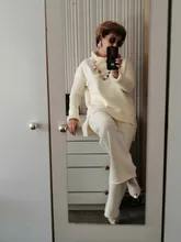 Women Tracksuit Pants Pullovers Sweater-Set Spring Wide-Legs Warm Turtleneck Autumn JXMYY