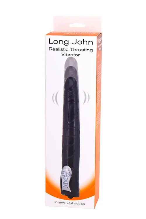 Чёрный вибромассажер Long John Realistic Thrusting Vibrator с функцией толкания- 20 см