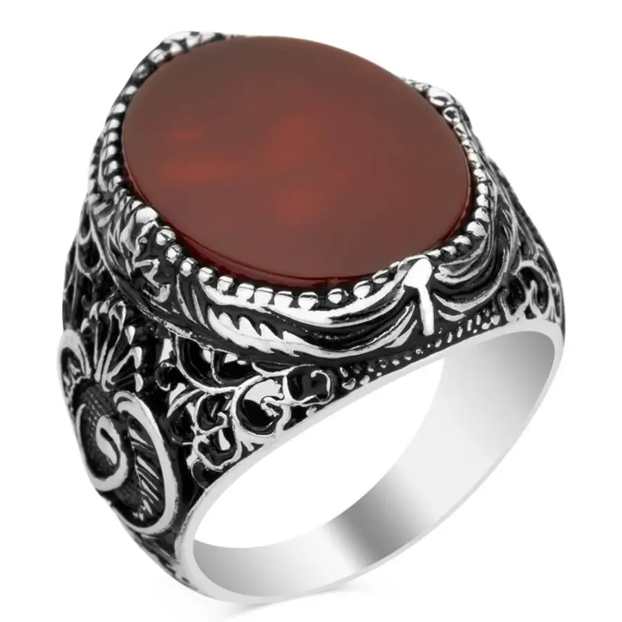 

925 Sterling Silver Plain Model Claret Red Agate Arabic Letter Vav Style Ring Solid Hand Carved Islamic Men Jewelry Accessories