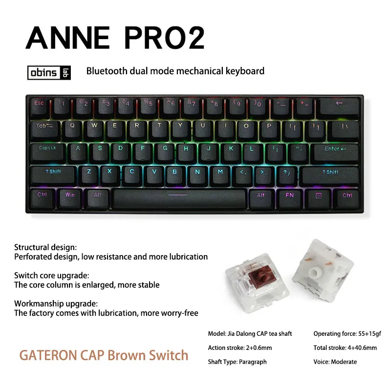 white computer keyboard Anne Pro 2 60% 61 Keys Portable Mini Wireless bluetooth 5.0 Mechanical Keyboard Office Gaming Keyboard Type-C Detachable Cable keyboard desktop Keyboards