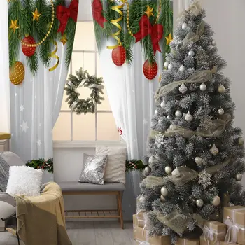

Merry Christmas Theme Art With Fir Tree Branches Ornaments Baubles Stars Ribbons And Bows Yellow Red Green White Curtain