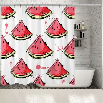 

Shower Curtain Pattern with Slices of Watermelon Vegan Juicy Fruit Paint Splashes Red Yellow White
