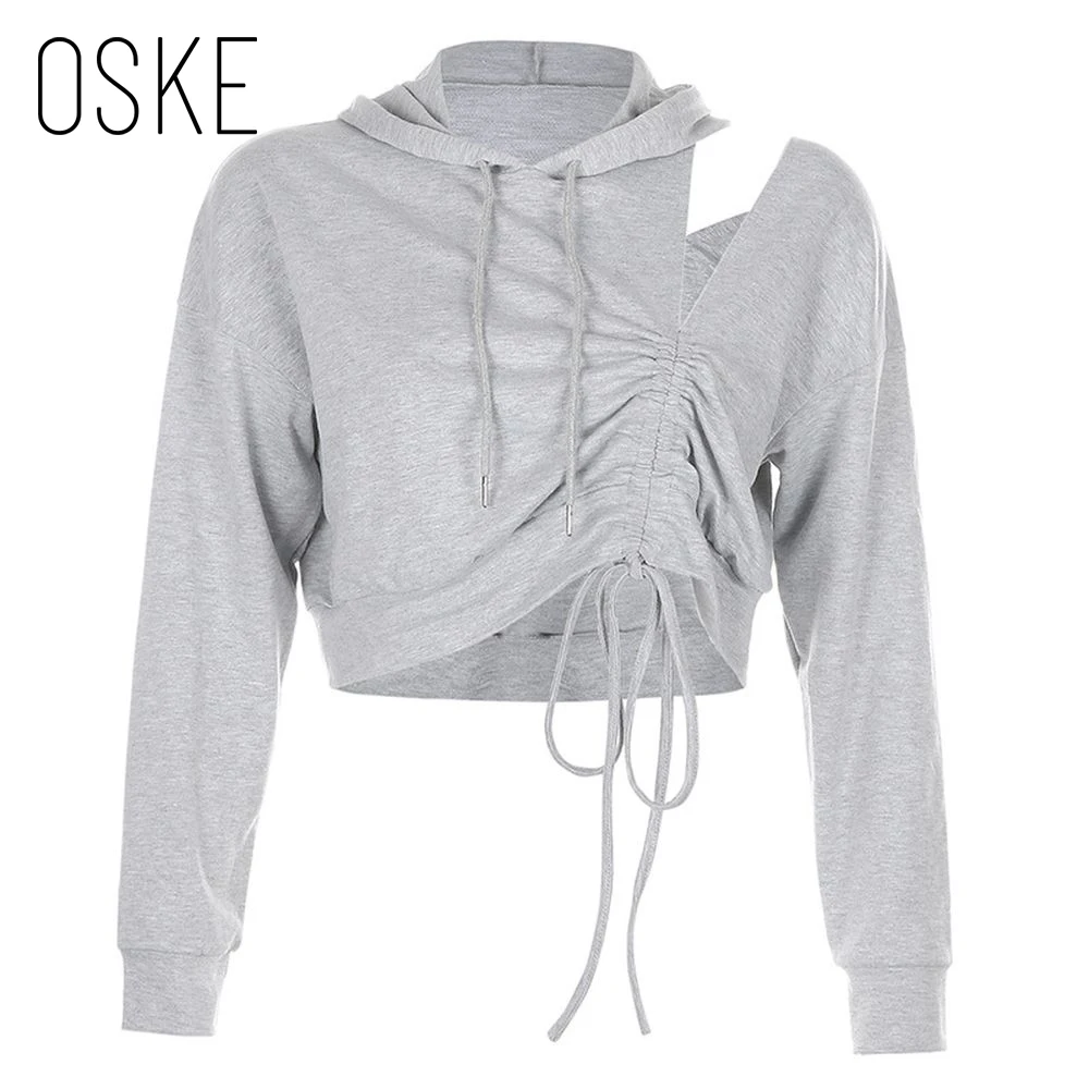 

OSKE Nightclub Grey Women Hoodie Sweatshirt High Waist Strapless Hoodies Sexy Short Sweatshirt Hoodie Women Casual Grey Hoodies