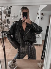 Jacket Short Winter Coat Faux-Leather Mozuleva Black Women Retro PU Turn-Down-Neck Loose