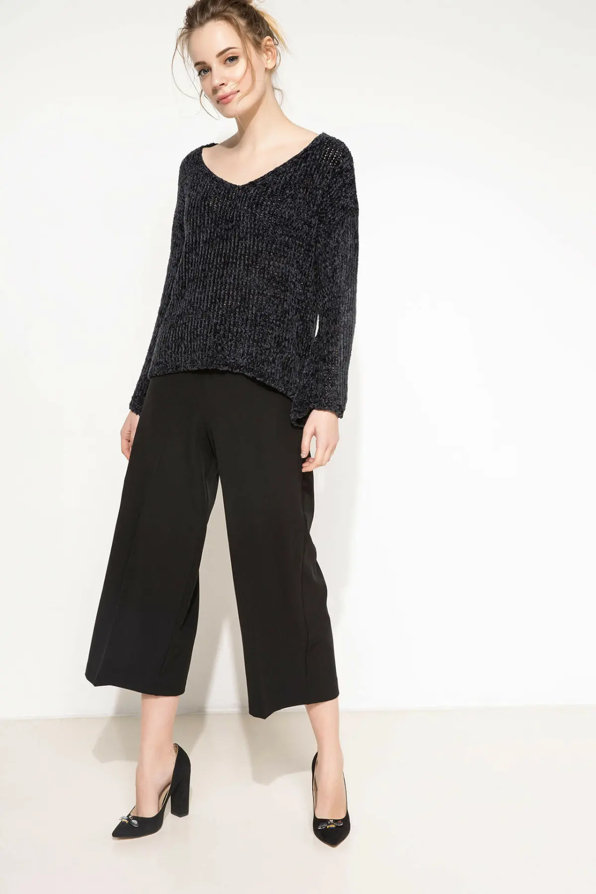 Дефакто черный вязаный женский пуловер Осень Зима Женский пуловер с вырезом в виде буквы V Повседневный Топ Тройник-I5691AZ17WN