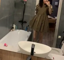 Mini Dress Lantern Short-Sleeve OOTN A-Line Pink Elegant Green Cotton Casual Women Ladies