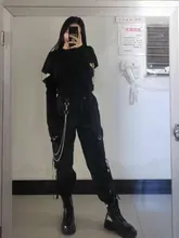 QWEEK Punk pantalones de las mujeres camisetas Hippie cadena bolsillos de talla grande negro Capris pantalones Harajuku de talla grande pantalones Hip Hop