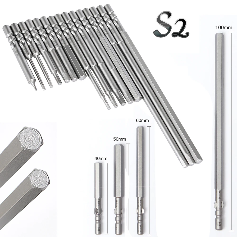 

5pcs Electric Screwdriver Drill Bit Set Hex Drive Shank 4mm H0.9 - H4 Length 40 60 100mm Magnetic Woodworking Diy Tools S2 Steel