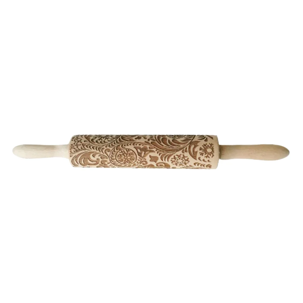 Laser Embossing Rolling Pin Lotus Wooden Christmas Snowflake Flower Patterns Dough Engraved Roller DIY Kitchen Bakeware - Цвет: 35cm