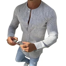 Новые осенние Для Мужчин's Повседневное льняная рубашка тонкий свитер с круглым вырезом и длинным рукавом быстросохнущая социальный джентльмен Формальные Фитнес Блузка высокого Количество