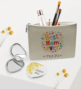 

Personalized Best Mother Linen Makeup Bag and Heart Mirror Gift Seti-5