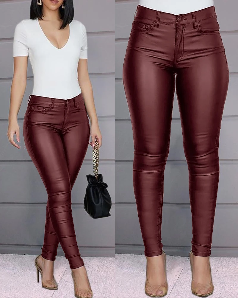 

2020 Fashion Spring Winter Casual Wild Thin Solid Buttoned Casual Coated PU Pants Wear Leggings Female PU Pants