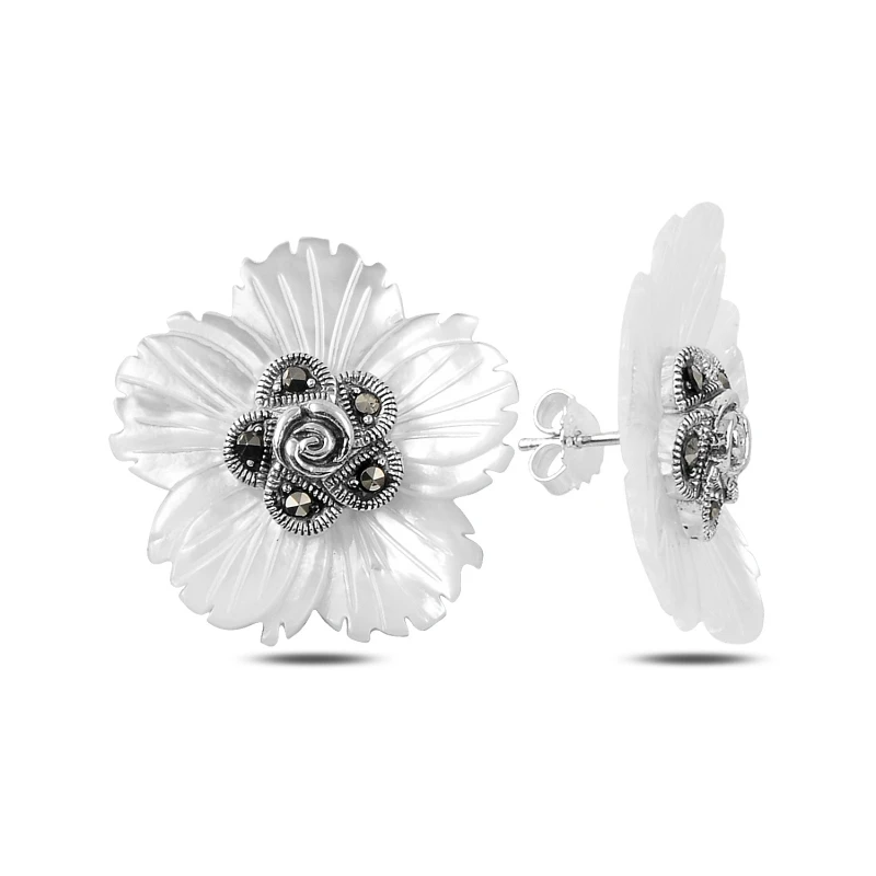 

Silver 925 Sterling Pearl & Marcasite Cubic Zirconia Flower Earrings