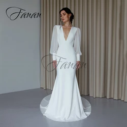 Sexy Deep V-Neck Mermaid Wedding Dresses Backless See-Through Long Sleeve Simple Satin Brial Gown robe de mariée платье vestidos
