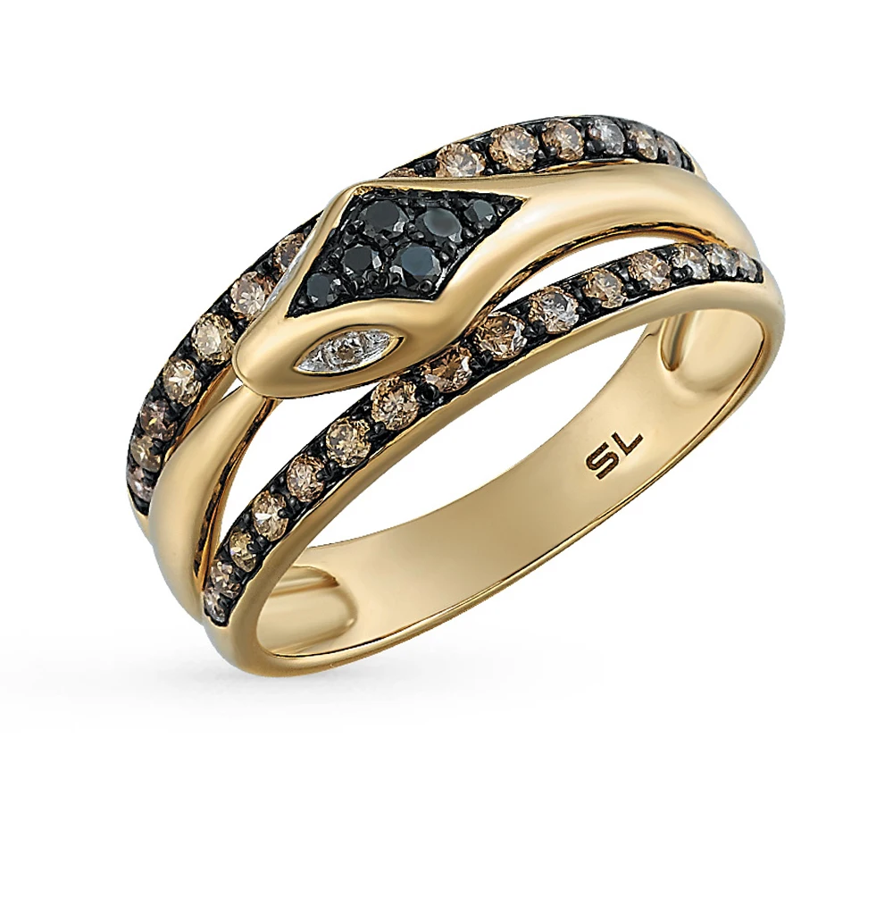 Gold ring with black and cognac diamonds SUNLIGHT test 585