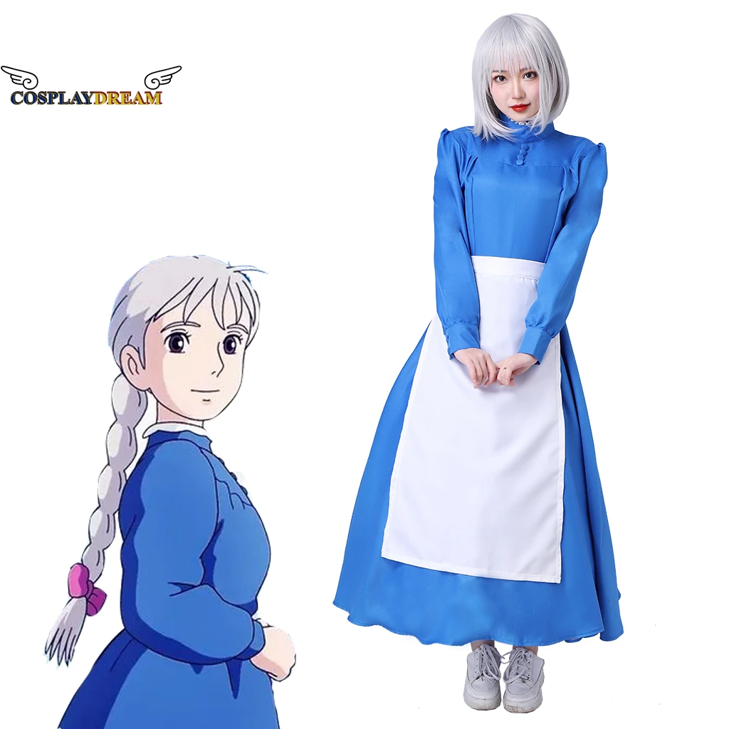 

Anime Movie Howl's Moving Castle Cosplay Sophie Hatter Costume Maid Dress Blue Long Dress with Apron Women Halloween Costume 3XL