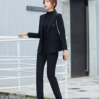 Black Pant Suits Women stripe pant suit winter biggest size 5XL fashion England Style for hotel airplane work suit Jackets And Pant 2 Piece sets - Цвет: Black Pant Suits