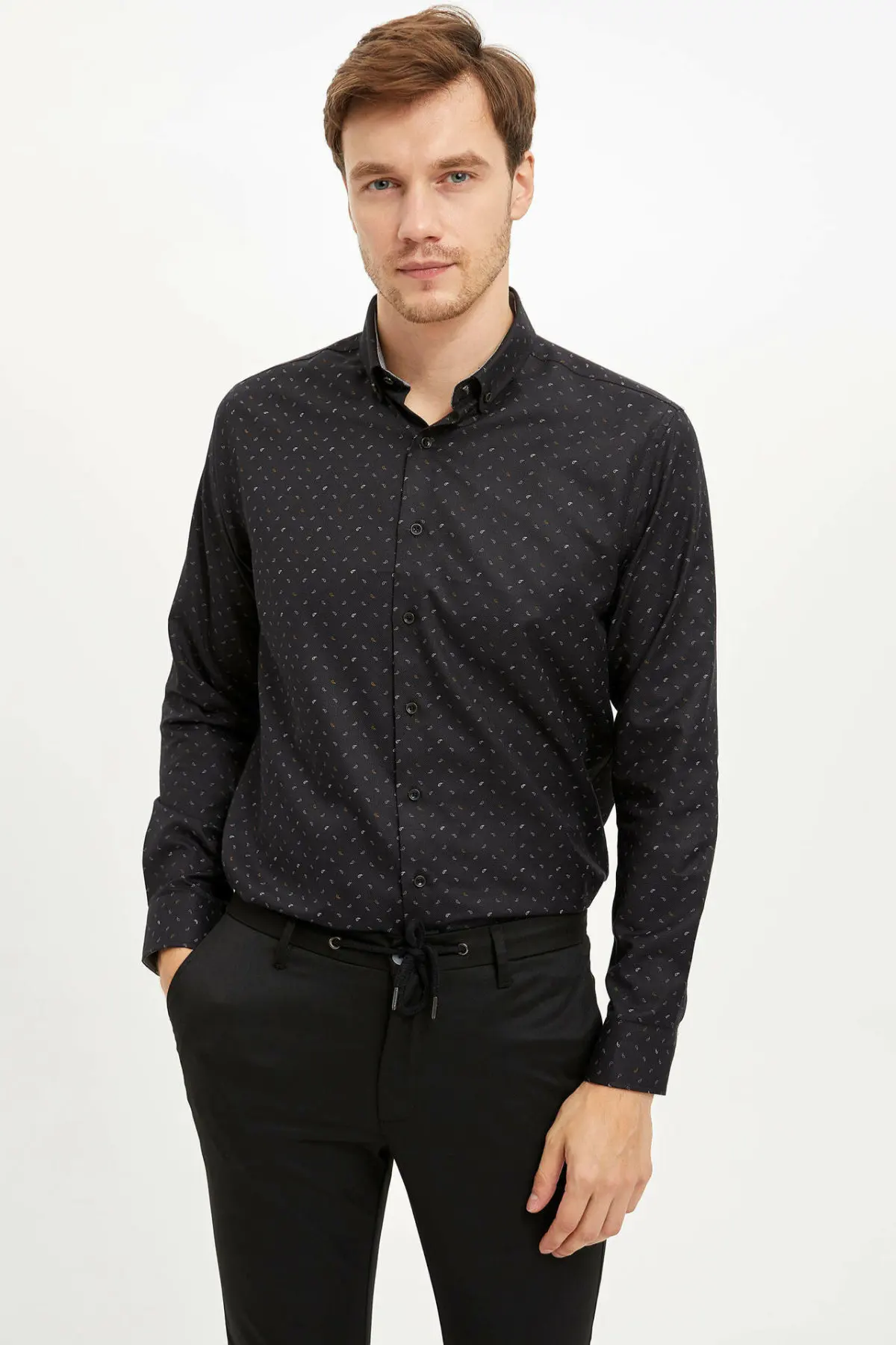 Дефакто модные мужские рубашки с длинным рукавом офисные рубашки мужские повседневные рубашки с стоячим воротником Новые-L5387AZ19AU