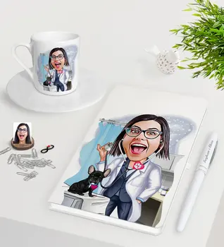 

Personalized Women 'S Vet Dentist Caricature Of White Notebook Pen Turkish Coffee Cup Seti-1