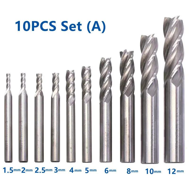 10PCS 세트 결합 된 HSS 엔드 밀 4 플루트 고속 강철 밀링 커터 1.5mm - 12mm CNC 금속 밀링 도구 세트