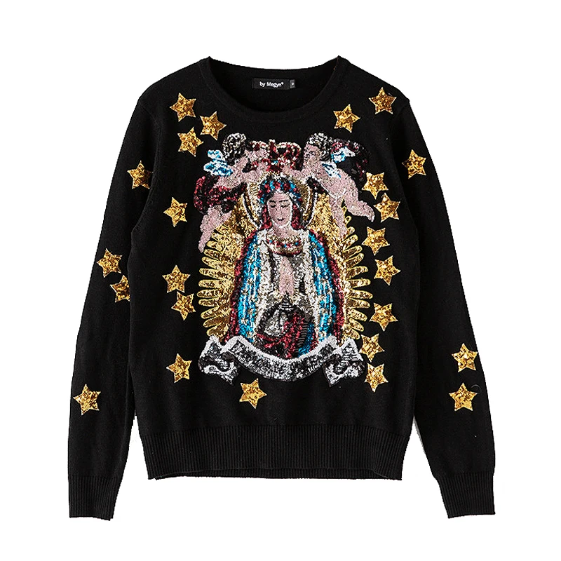 Star Beads Свитер женский модный шерстяной розовый джемпер с круглым вырезом и длинным рукавом с цветочным принтом стиль подиума 2XL размера плюс - Цвет: Star Beads