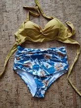 Bikini femenino con cuello Halter y cintura alta, traje de baño con cuello halter y cintural alta con estampado floral en talla XXL