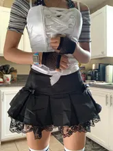 Sweetown-faldas plisadas de estética gótica negra, minifalda de cintura baja con acabado de encaje para mujeres, estilo Punk oscuro Academia Y2K