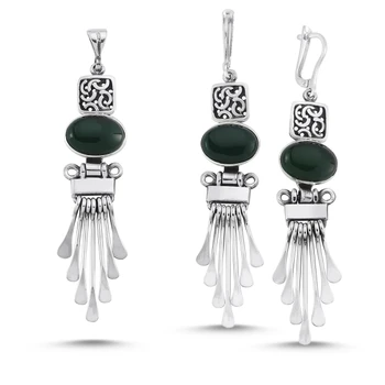 

Silver 925 Sterling Green Agate Stone Handwork Set