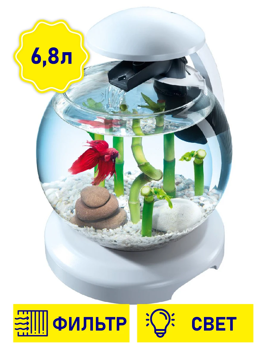 Aquarium Tetra cascade Globe round white (6.8 l) filtration system high-strength glass disposable replaceable charcoal cartridge double waterfall