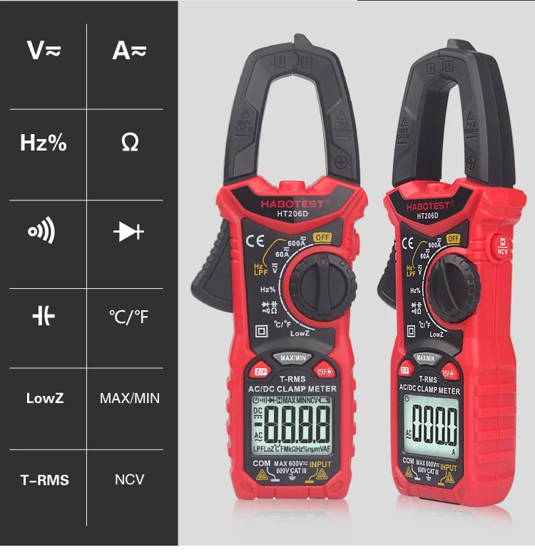 HT206D Amperometric Clamp Meter Pliers Ammeter Professional Digital Automotive Multimeter HABOTEST 600A AC DC Current Tester audio meter