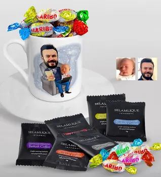 

Personalized Father Son Caricature Of Turkish Coffee Cup Selamlique Mixed Turkish Coffee house And Haribo Candy Gift Seti-1