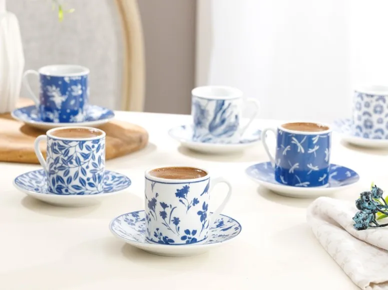 

12 Pieces Turkish Coffee Cup Set Leaf pattern Espresso Set Coffee Cup Set Porcelain 6 cups 6 plates set home decorative cups