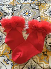 Calcetines cortos con tutú de princesa para niñas, 0-6 años, cinta de lazo anudado de seda, de algodón con volantes de encaje tobilleros, accesorios de fotografía