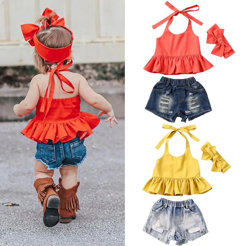 US Toddler Kids Baby Girl Summer Clothes Headband Tops Ruffle Shorts 3Pcs Outfit 