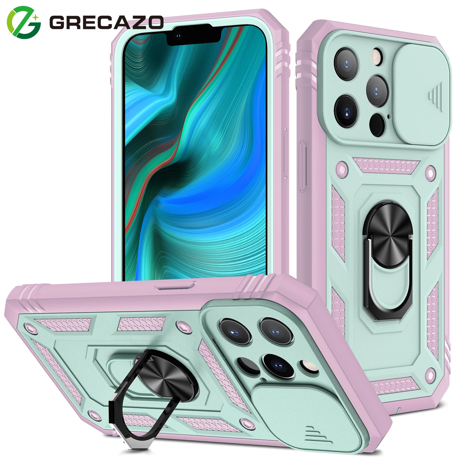 GRECAZO Designed for iPhone 11 12 13 Pro Max Military Grade 360 Full Body Coverage Ring Kickstand Camera Cover Slide Lens Case | Мобильные