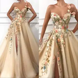 Robe De Soiree/Коллекция 2019 года, платье с цветочным узором для девочек платье на одно плечо Аппликация с разрезом, торжественное платье для