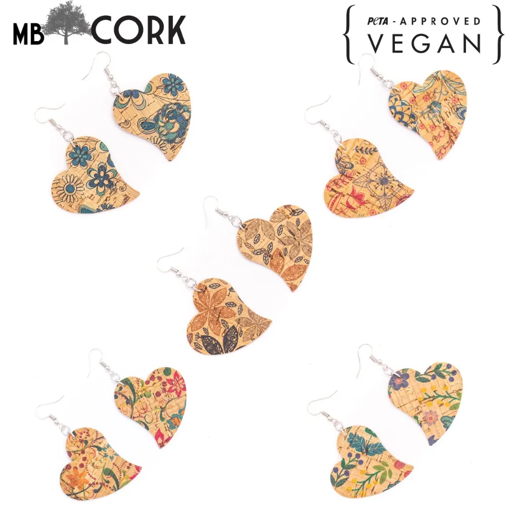 Natural cork Color printed fabric heart pendant earrings Original handmade ladies earrings-ER-110-MIX-5