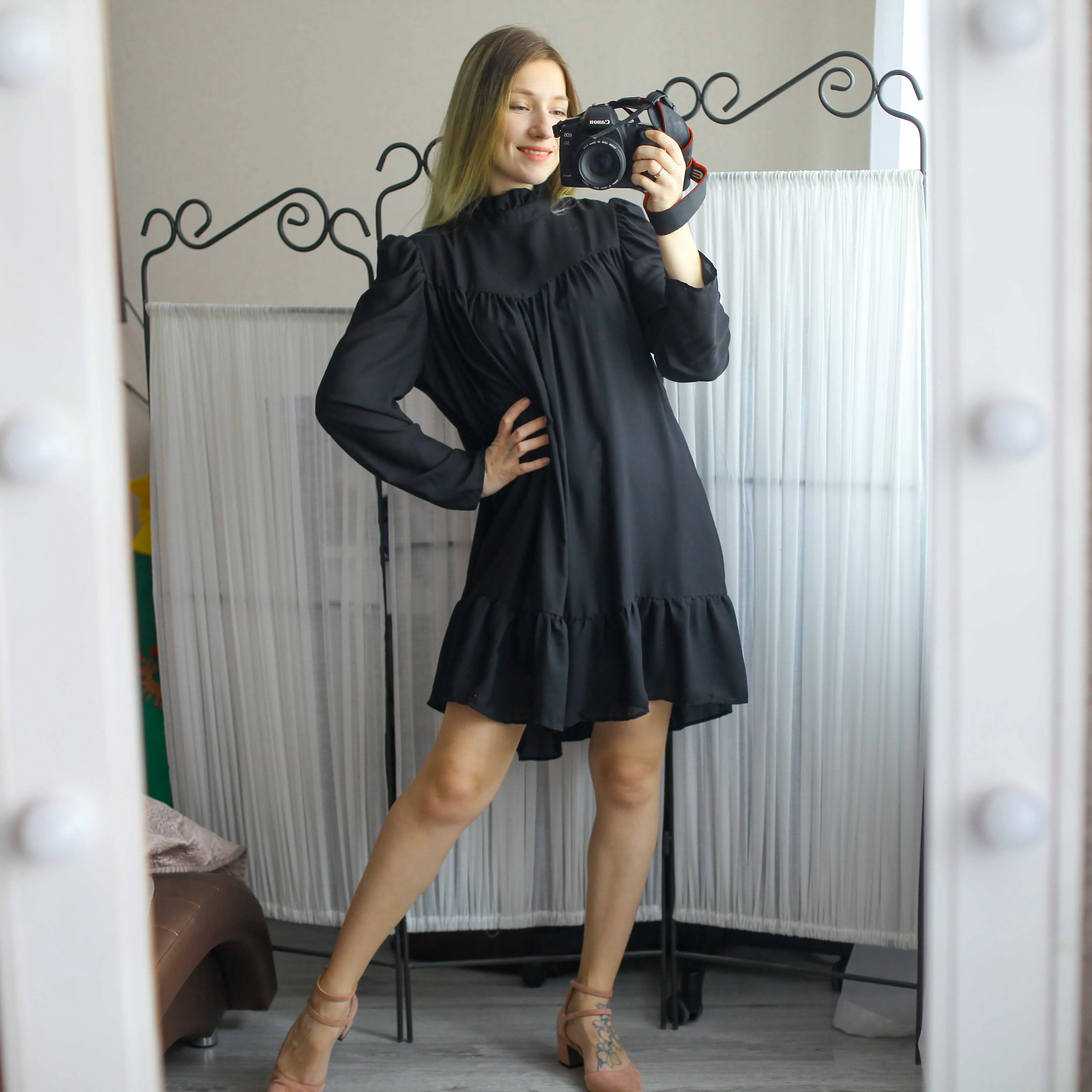 Hot 2019 autumn new fashion women's temperament commuter puff sleeve small high collar natural A word knee Chiffon dress reviews №3 342848