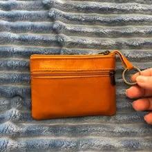 Mini Cartera de piel auténtica con cremallera para hombre y mujer, monedero pequeño y delgado de estilo Vintage
