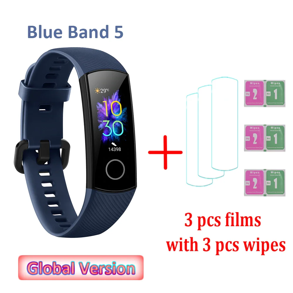 Global Versio huawei Honor Band 5 4, умный Браслет, умный браслет, шагомер, сенсорный экран, для плавания, сердечного ритма, сна, монитор - Цвет: Blue with 3 films