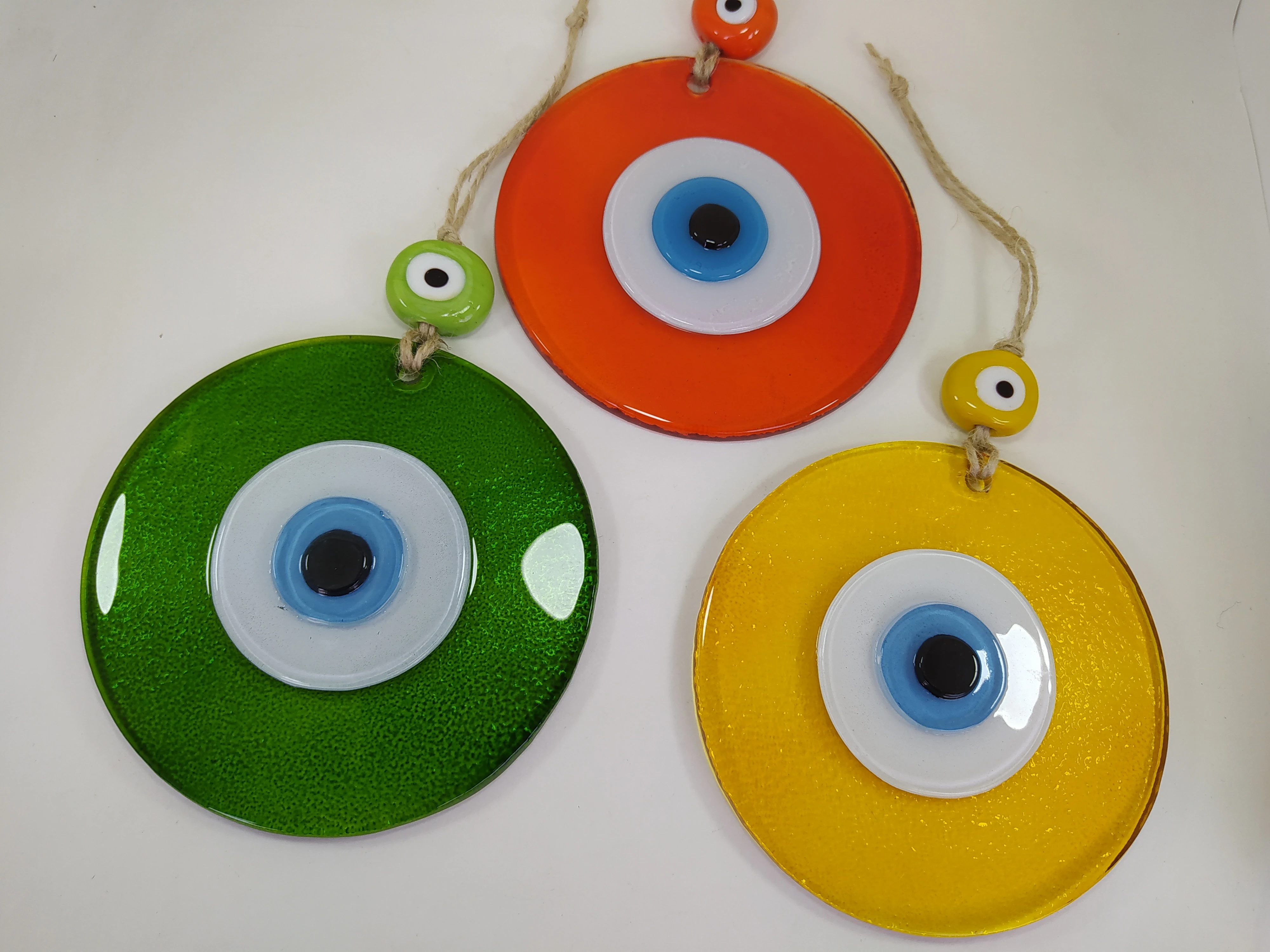 

Colorful Evil Eyes 12cm Fused Glass Beads Set of 3 Pendant Charm Turkish Handmade Big Amulet Wall Hanging Boho Home Decor