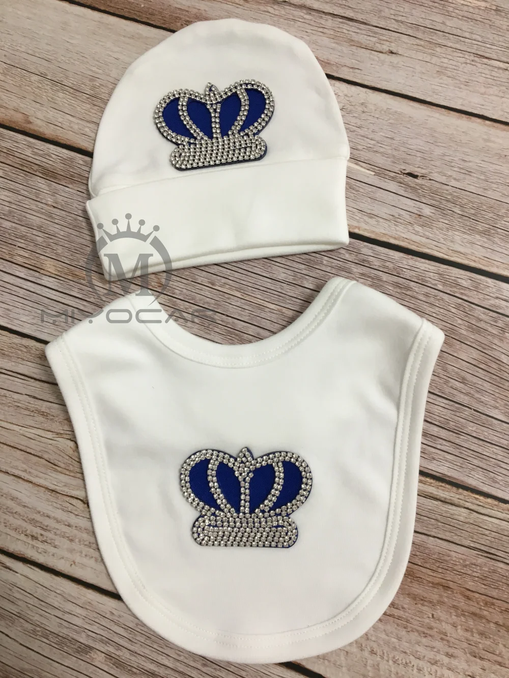

MIYOCAR bling blue Rhinestone 0-6m newborn baby bib and hat set all cotton bling baby clothes baby bib photography props HB