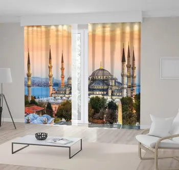 

Curtain The Blue Mosque Sultan Ahmet Mosque Istanbul, Turkey Historic Monument Skyline at Sunset Orange Blue Green