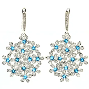 

47x38mm 11g Bohemia Flowers Design For Ladies Silver Earrings Created Paris Blue Topaz Bright Zircon Dating Drop Shipping