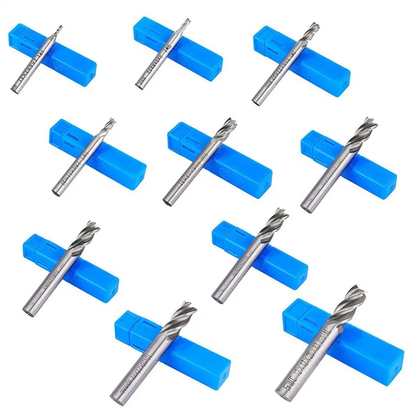 10PCS 세트 결합 된 HSS 엔드 밀 4 플루트 고속 강철 밀링 커터 1.5mm - 12mm CNC 금속 밀링 도구 세트