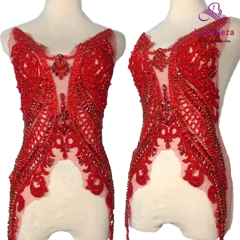 La Belleza красивый большой кусок ручной работы, Красный жемчуг Кристалл Стразы патч свадебное платье аппликация аксессуары 33X55 см - Цвет: Красный