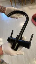 ROVOGO, grúa filtrada de doble mango negro mate para cocina, grifo con filtro de agua de rotación de 360, grifo mezclador de fregadero de cocina de tres vías