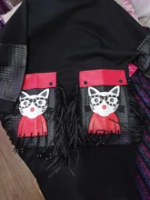 Black Dress Robe Fringes Long-Sleeve 3084 Midi Plus-Size Woman Winter Cute PU Cartoon