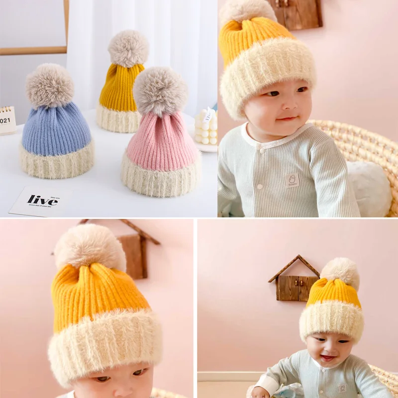 

knitted Beanie Hat For Baby Girls Boys Warm Hat Fur pom pom Autumn Winter Hats Outdoor Ear Protection Bonnet Caps Christmas Gift
